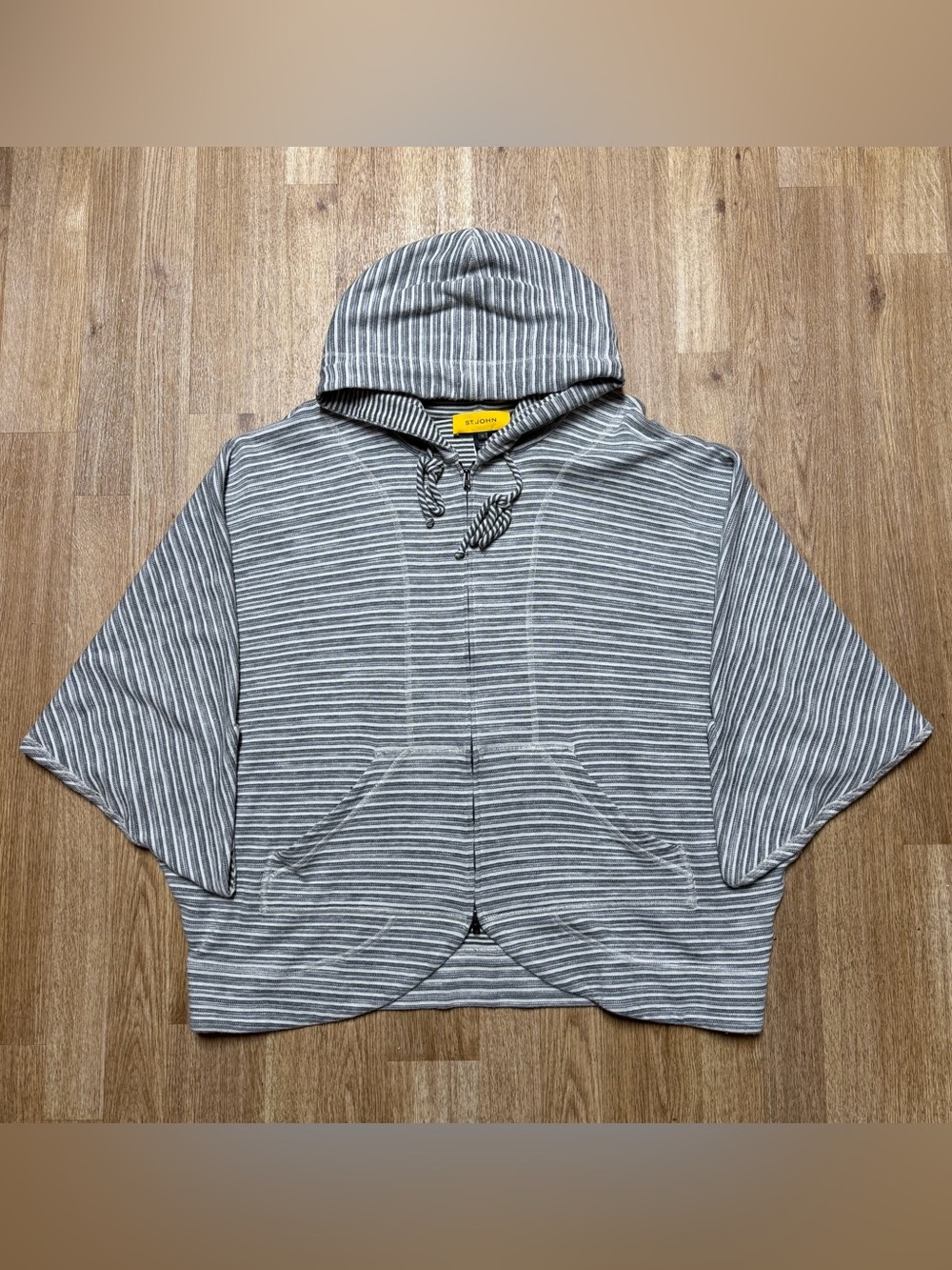 ST. JOHN Batwing Zip Poncho Hoodie Grey White Stripe Med Luxury Casual Drapey